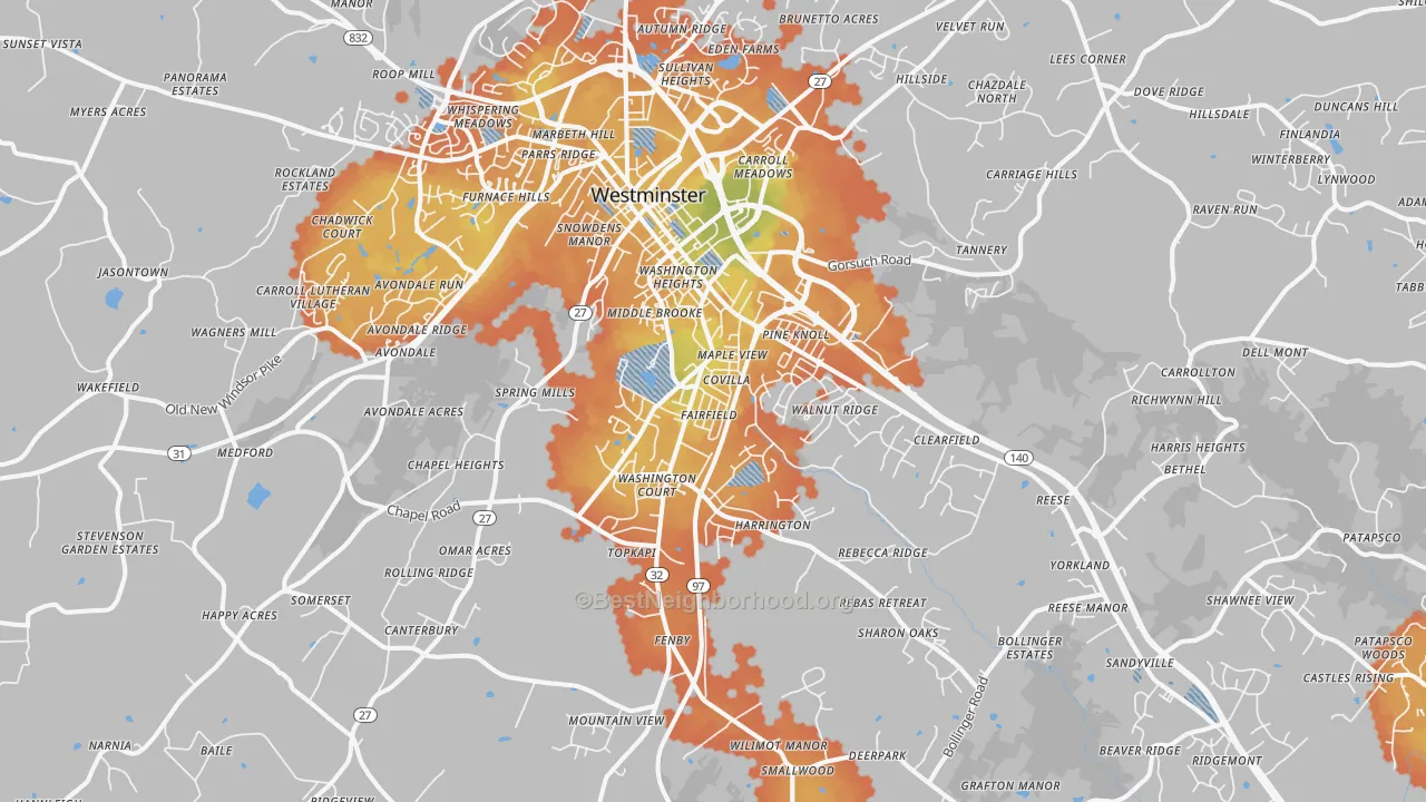 Bike Grade map of 21157, MD