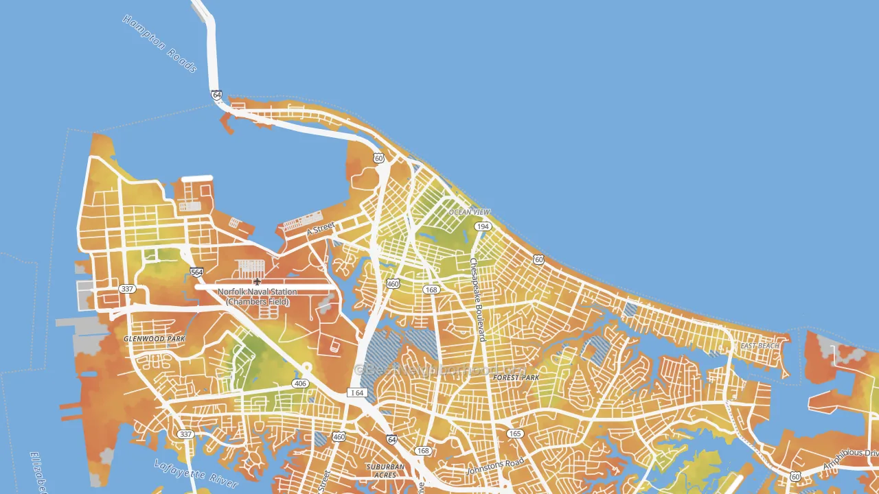 Bike Grade map of 23503, VA