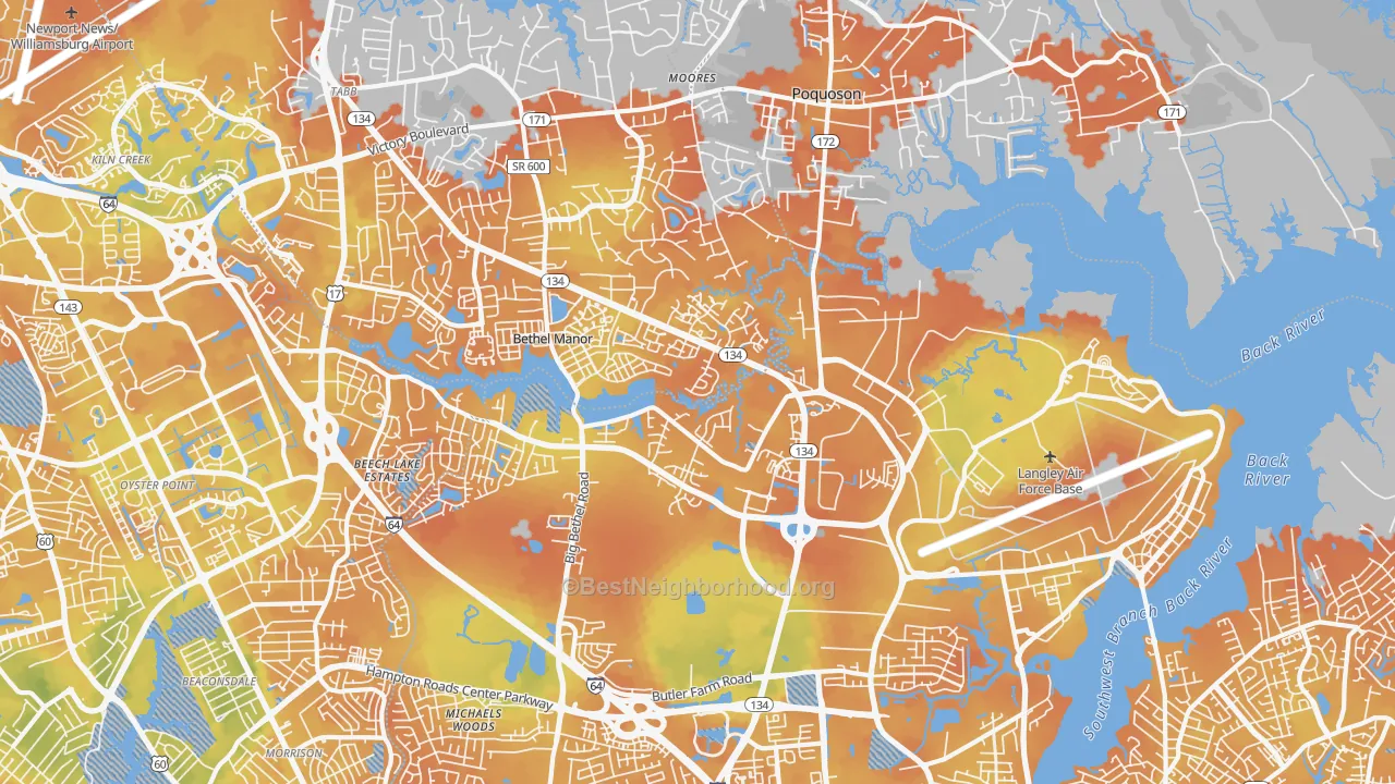 Bike Grade map of 23665, VA
