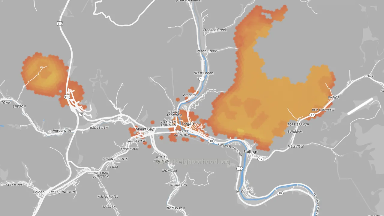 Bike Grade map of 25601, WV