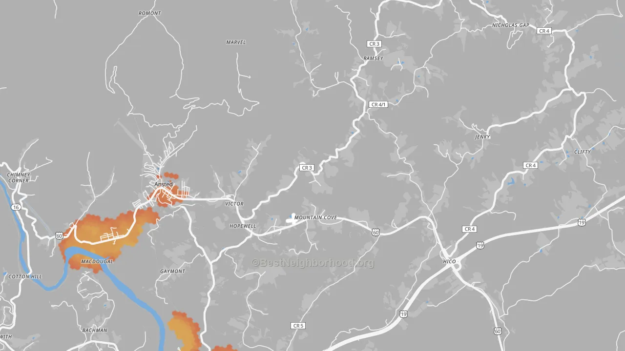 Bike Grade map of 25938, WV