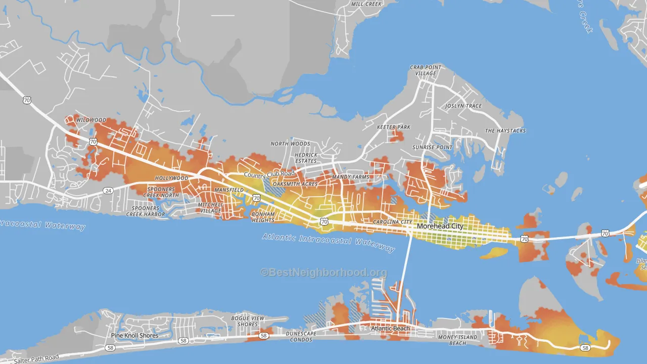 Bike Grade map of 28557, NC