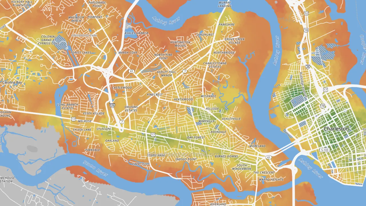 Bike Grade map of 29407, SC