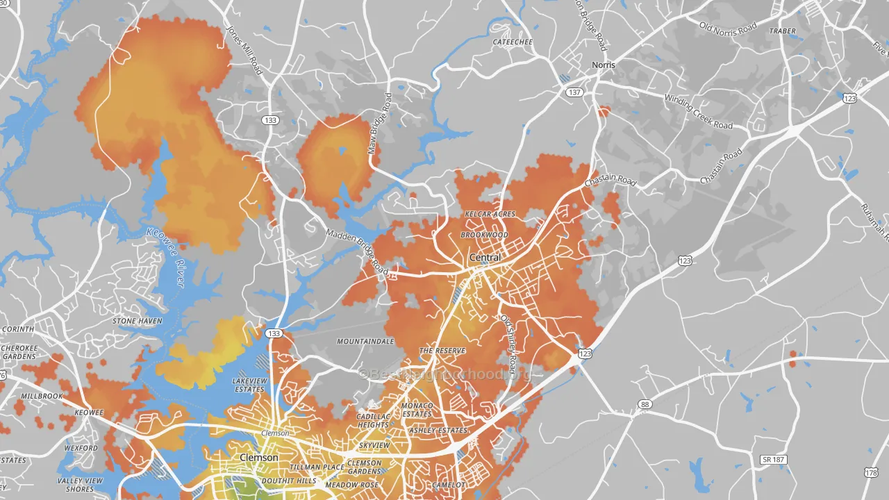 Bike Grade map of 29630, SC