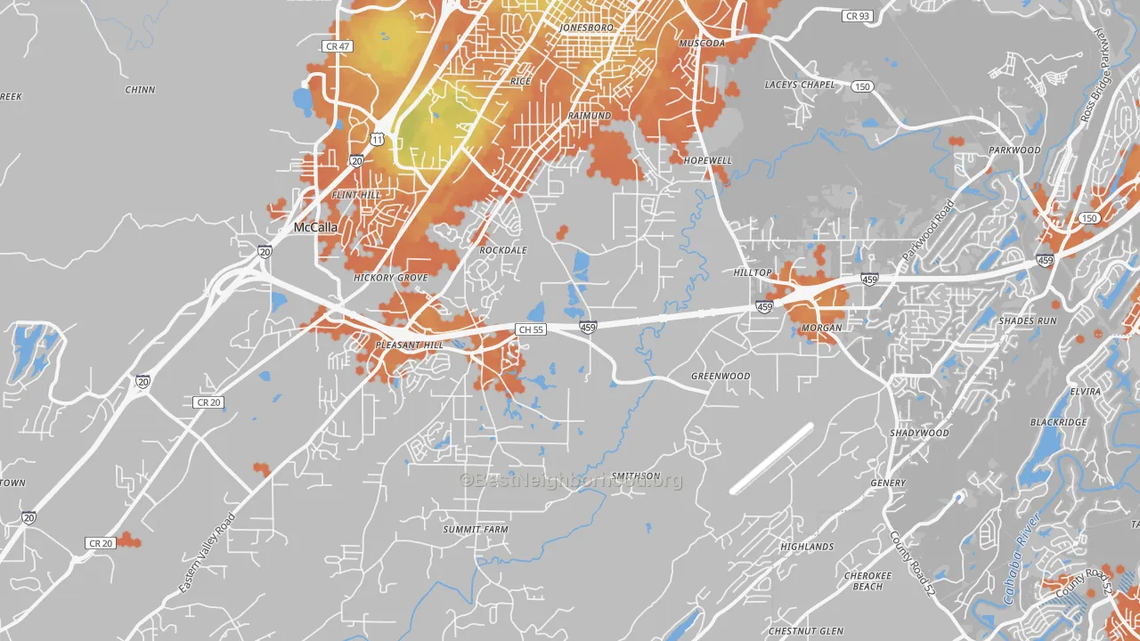 Bike Grade map of 35022, AL