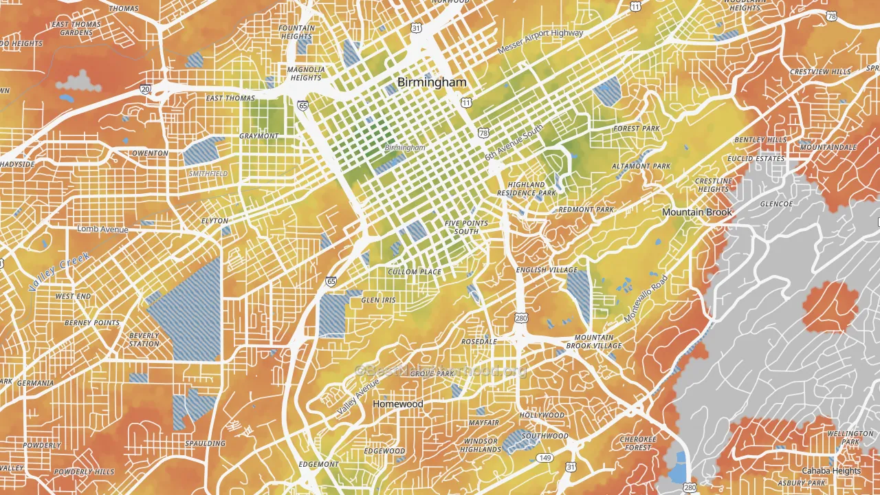 Bike Grade map of 35205, AL