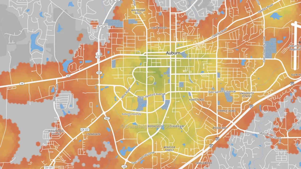Bike Grade map of 36849, AL