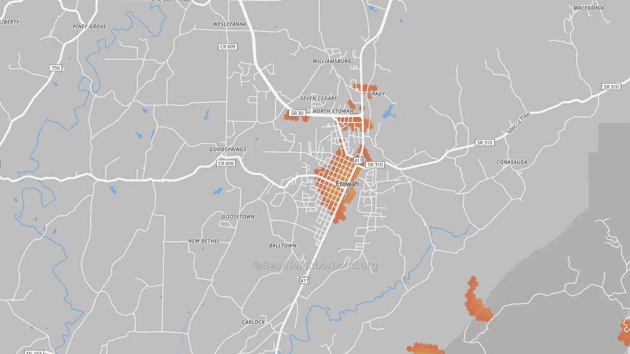 Bike Grade map of 37331, TN
