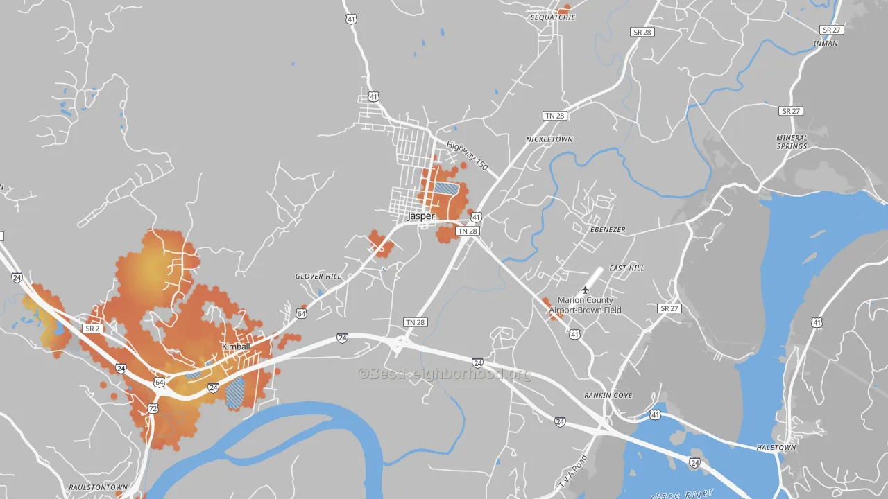 Bike Grade map of 37347, TN