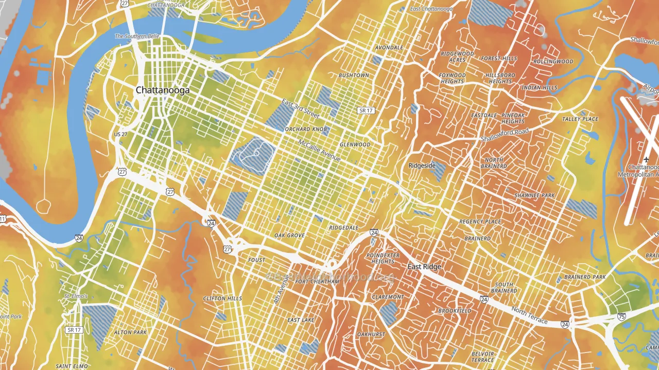 Bike Grade map of 37404, TN