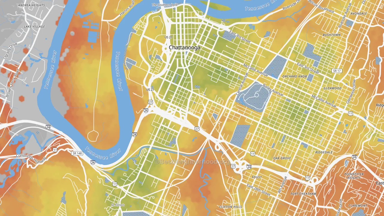 Bike Grade map of 37408, TN