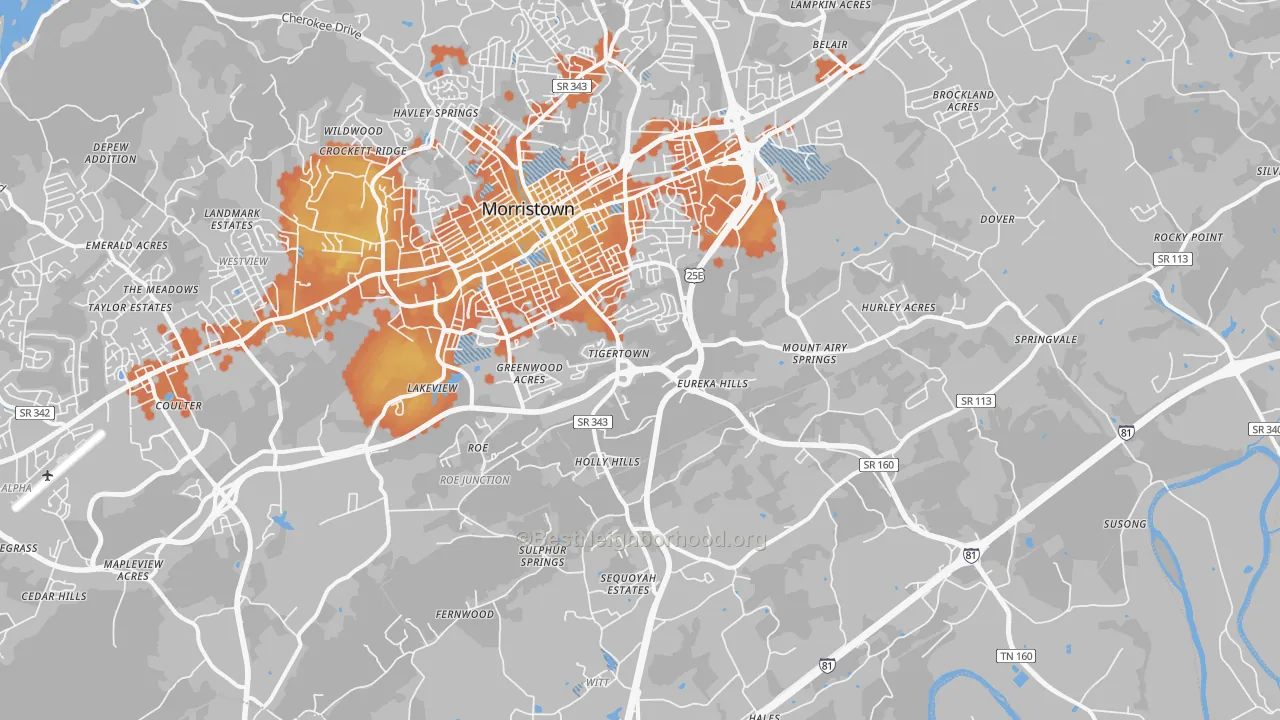 Bike Grade map of 37813, TN