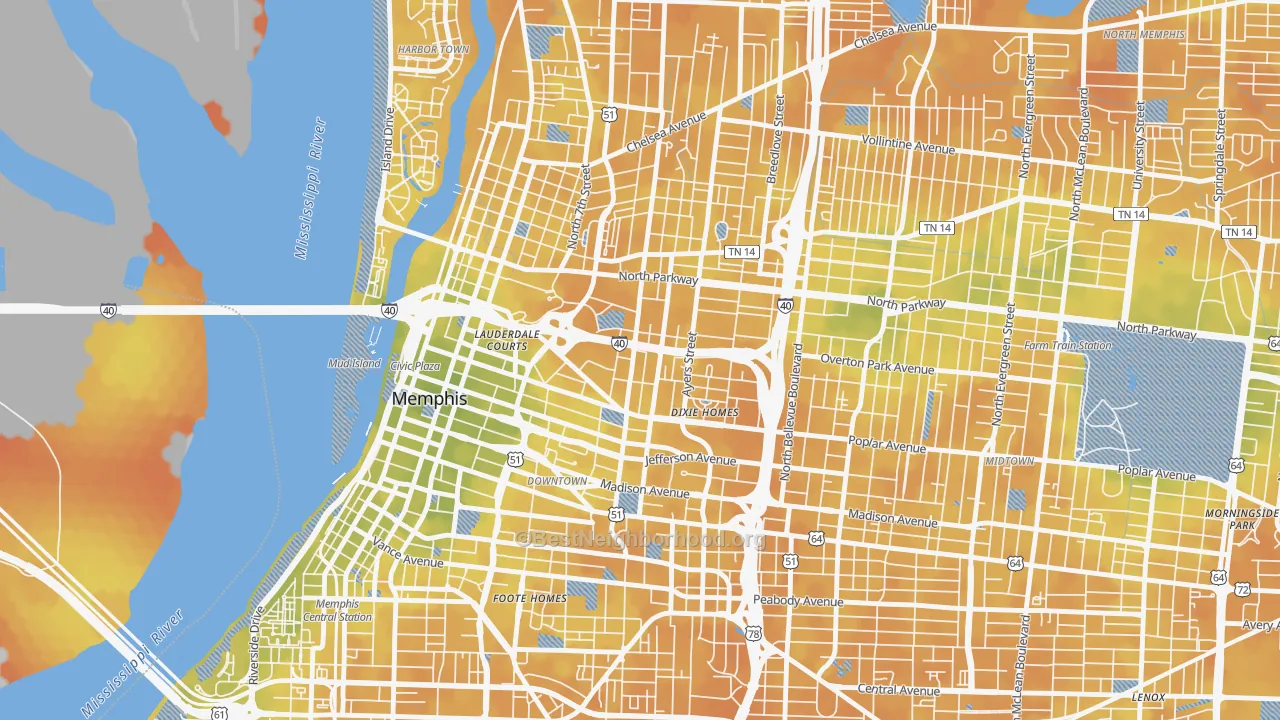 Bike Grade map of 38105, TN