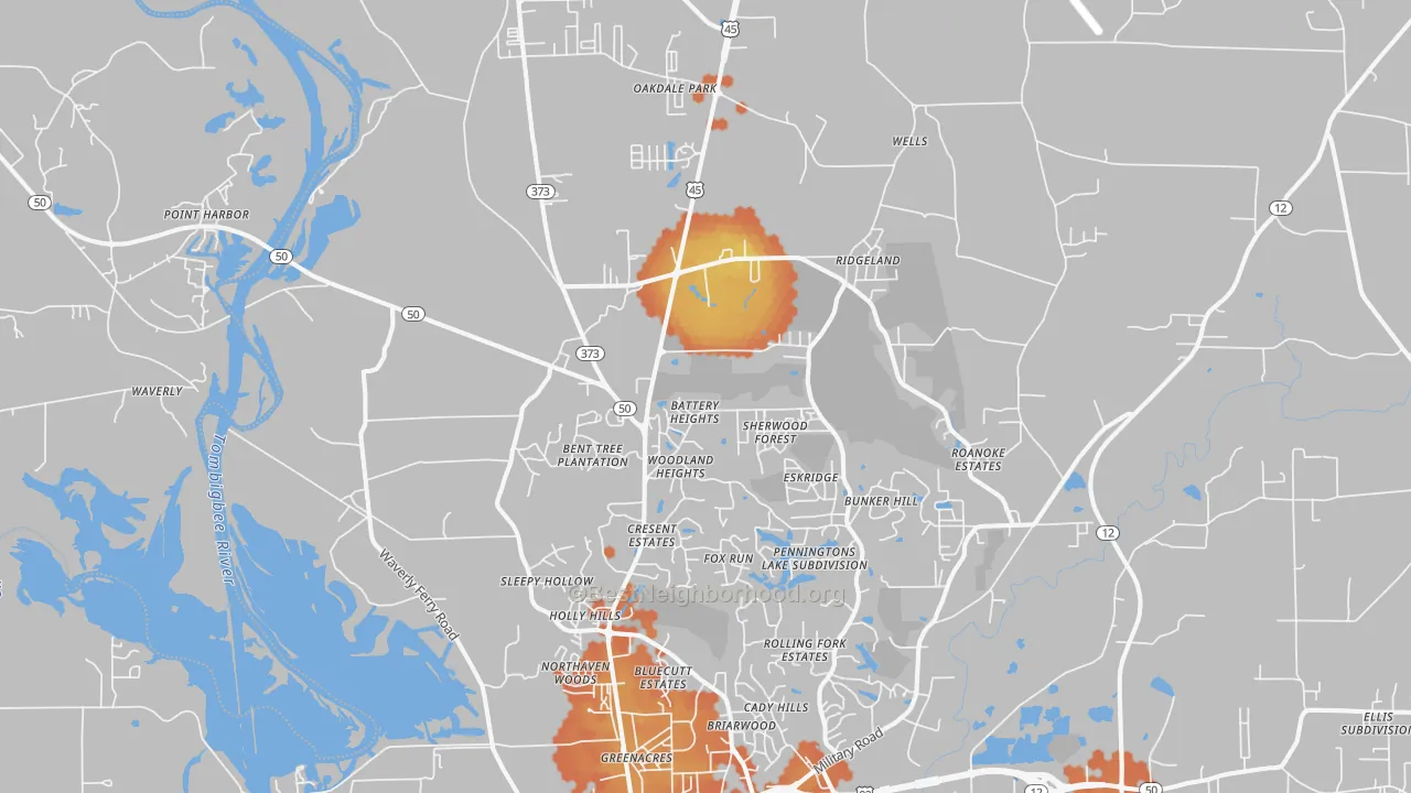 Bike Grade map of 39705, MS