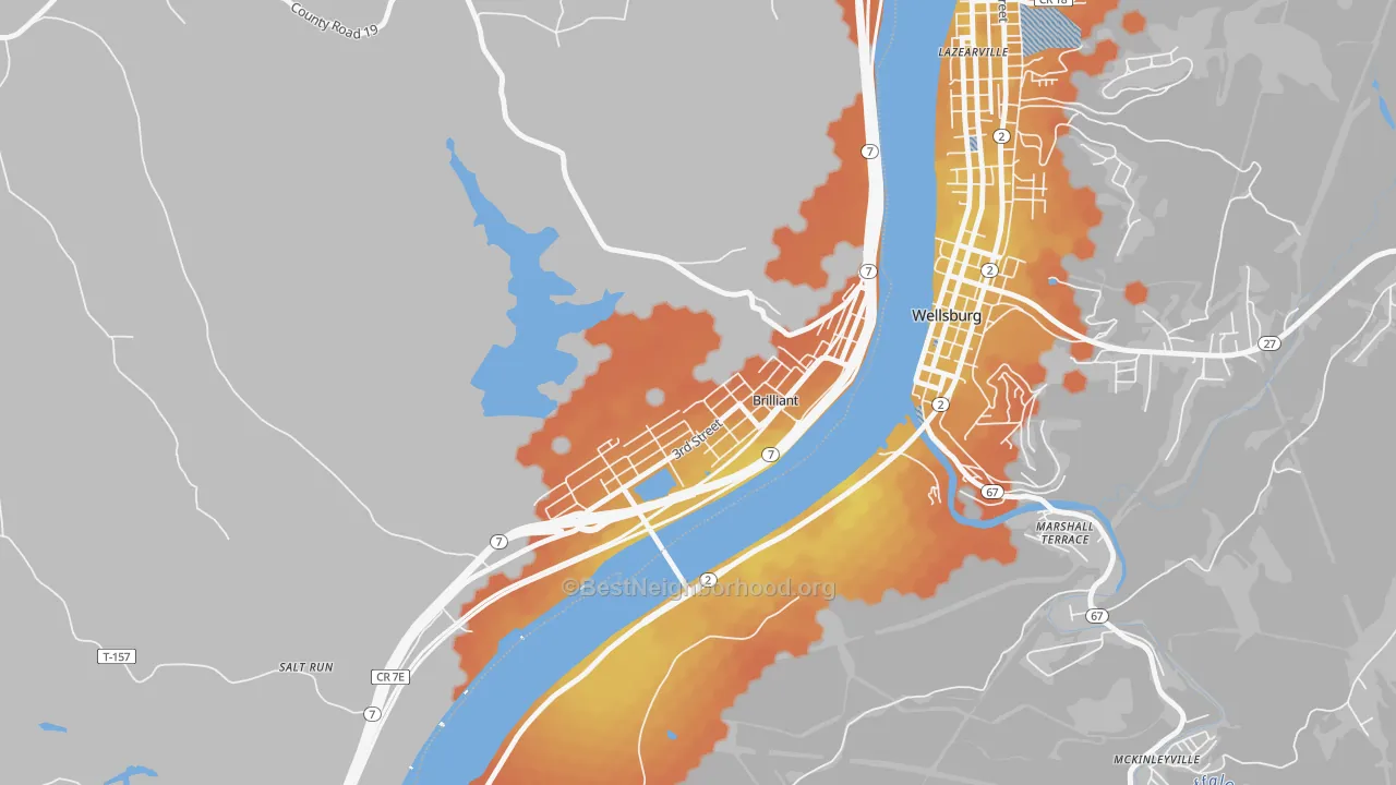 Bike Grade map of 43913, OH