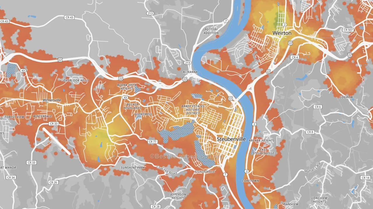 Bike Grade map of 43952, OH