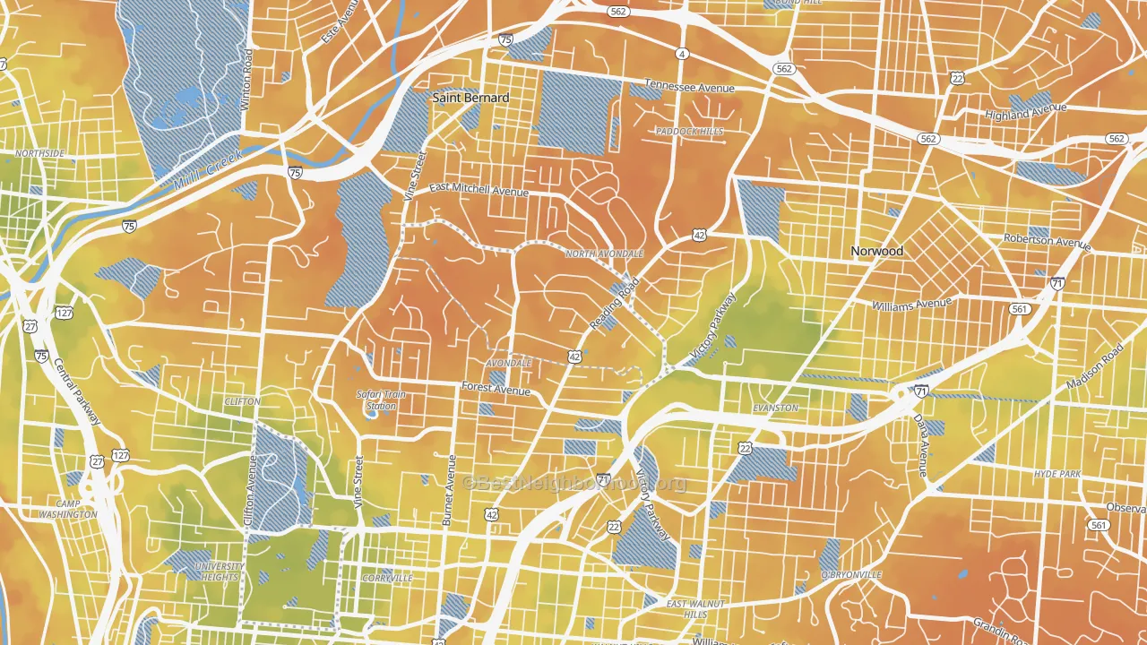 Bike Grade map of 45229, OH