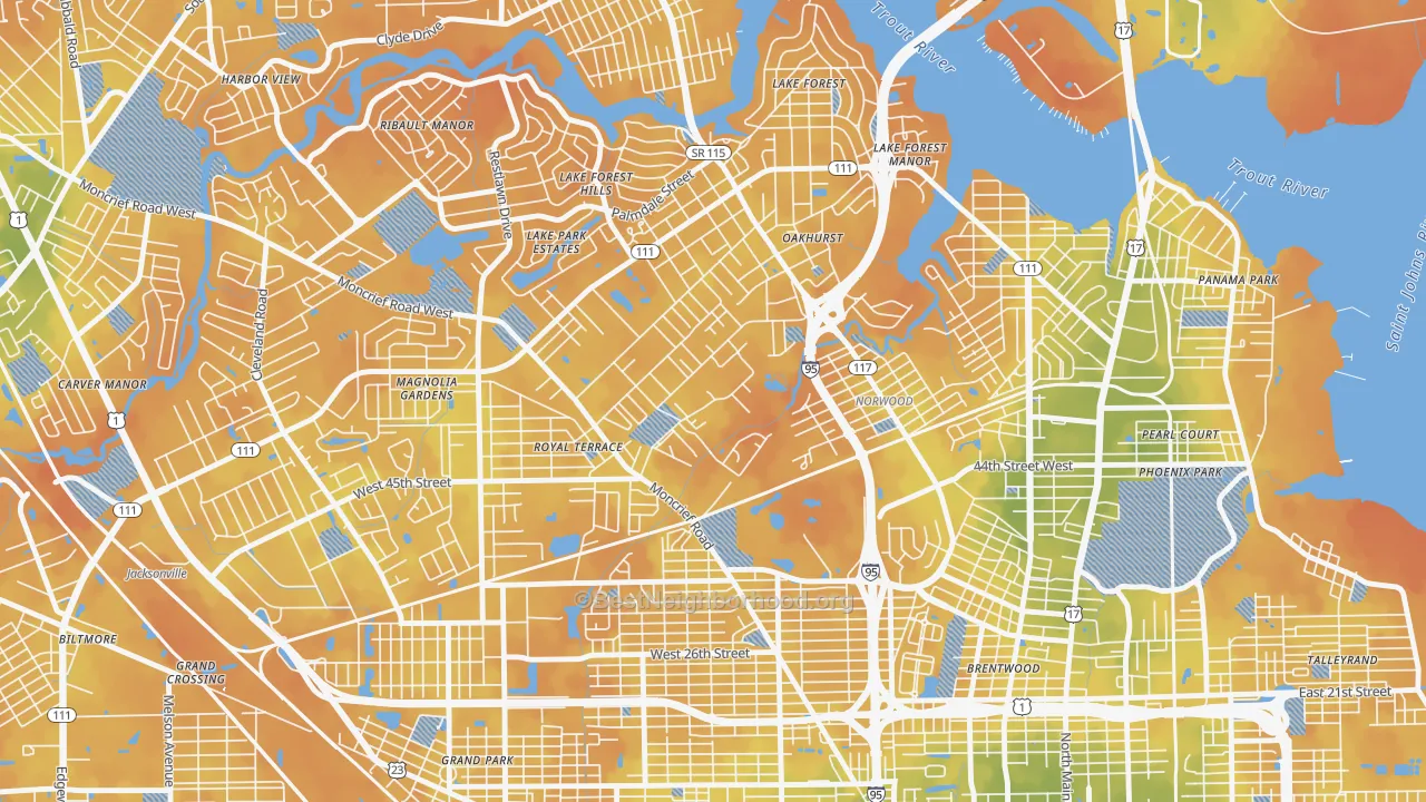 Bike Grade map of 45th and Moncrief, Jacksonville, FL