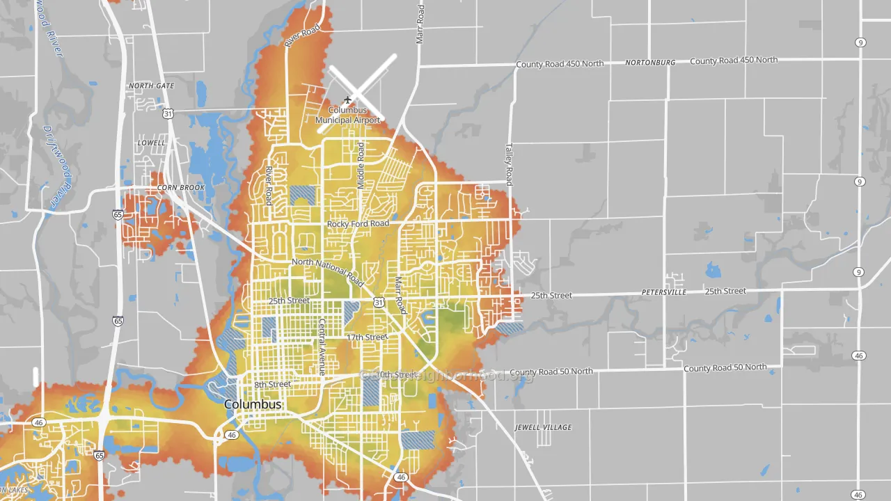 Bike Grade map of 47203, IN