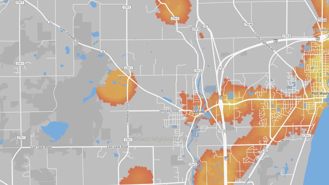 Bike Grade map of 53080, WI