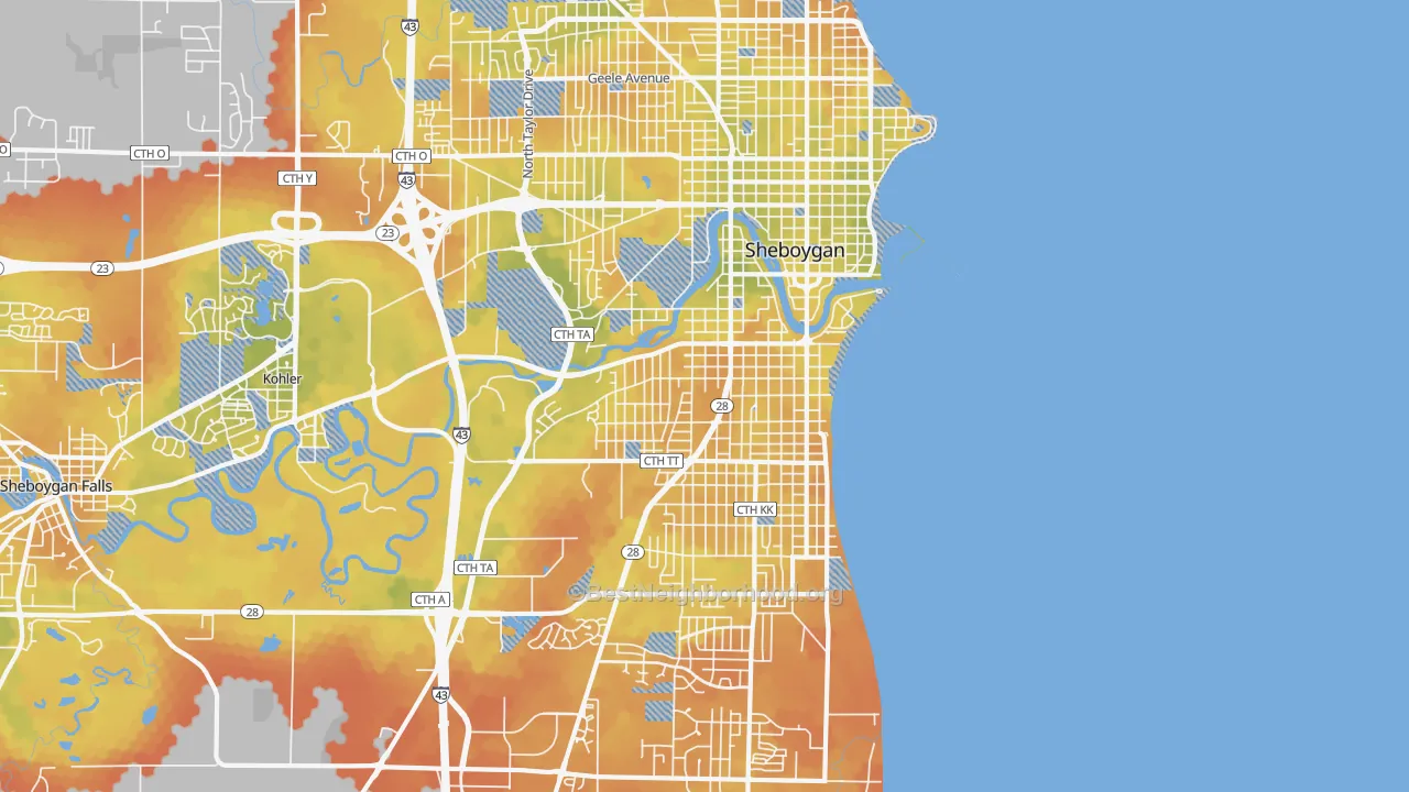 Bike Grade map of 53081, WI
