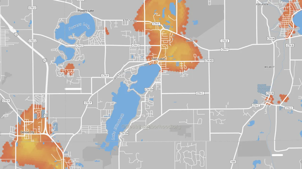 Bike Grade map of 53181, WI