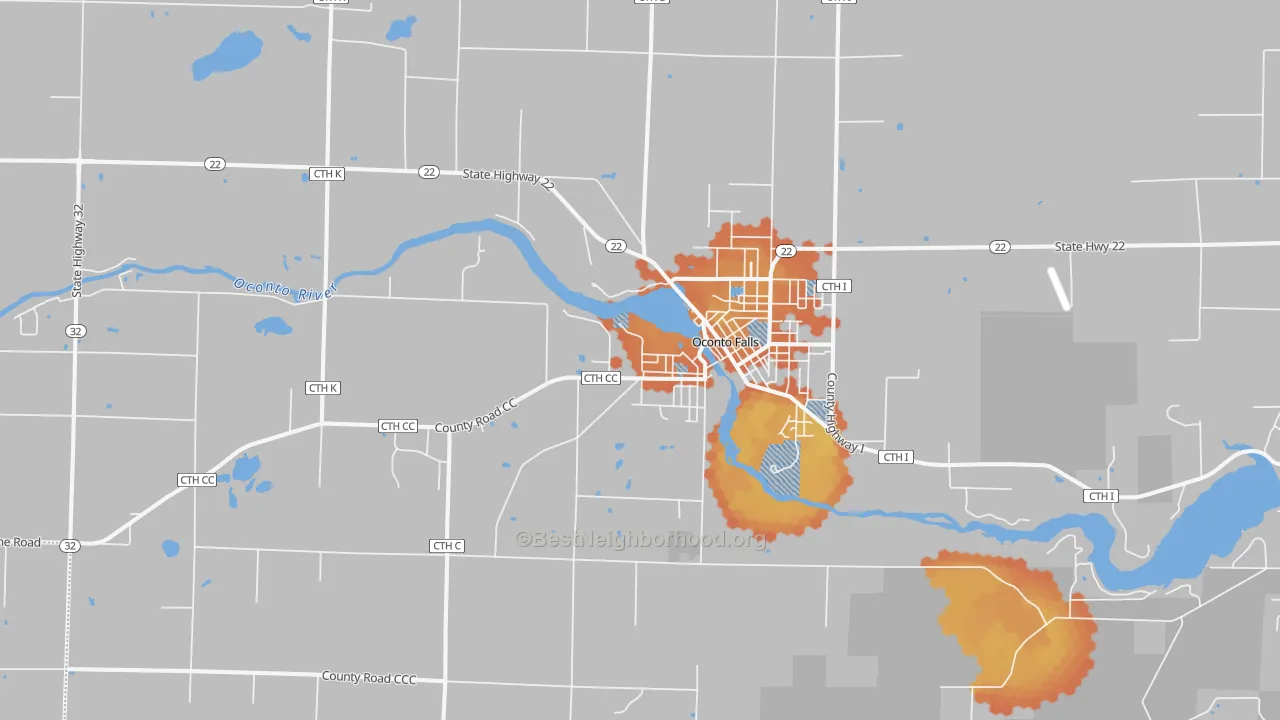 Bike Grade map of 54154, WI