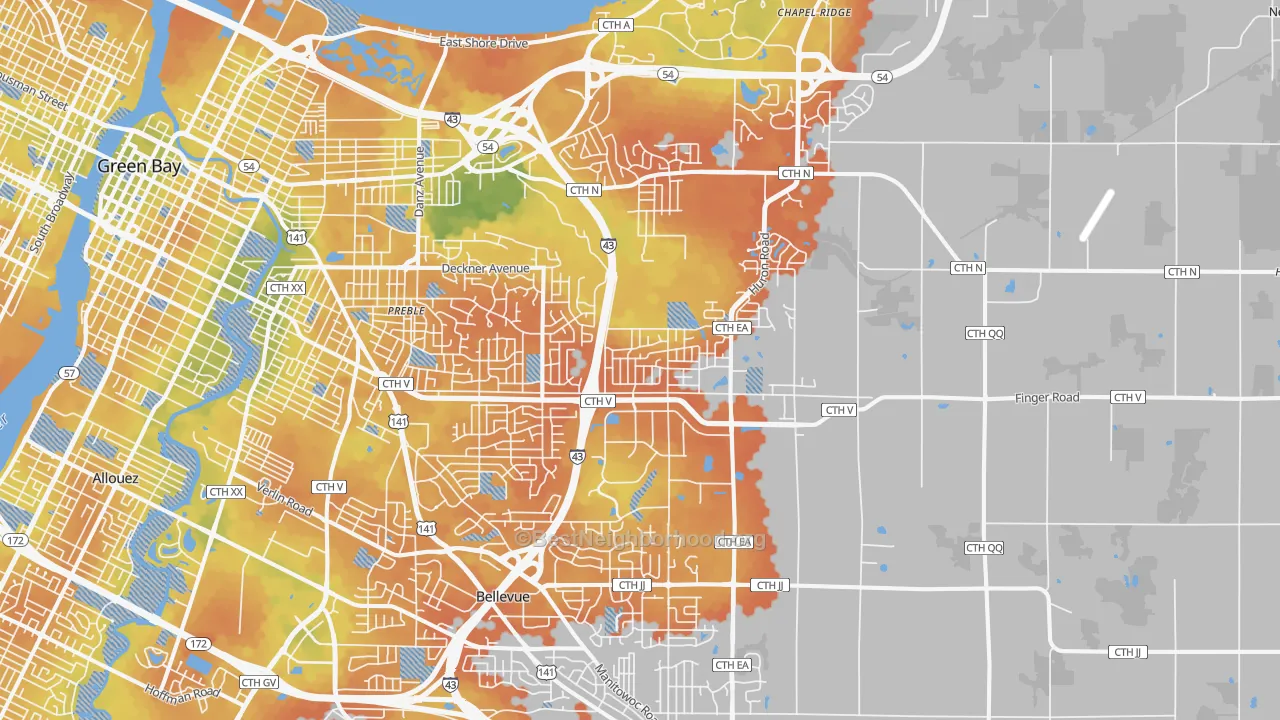 Bike Grade map of 54311, WI