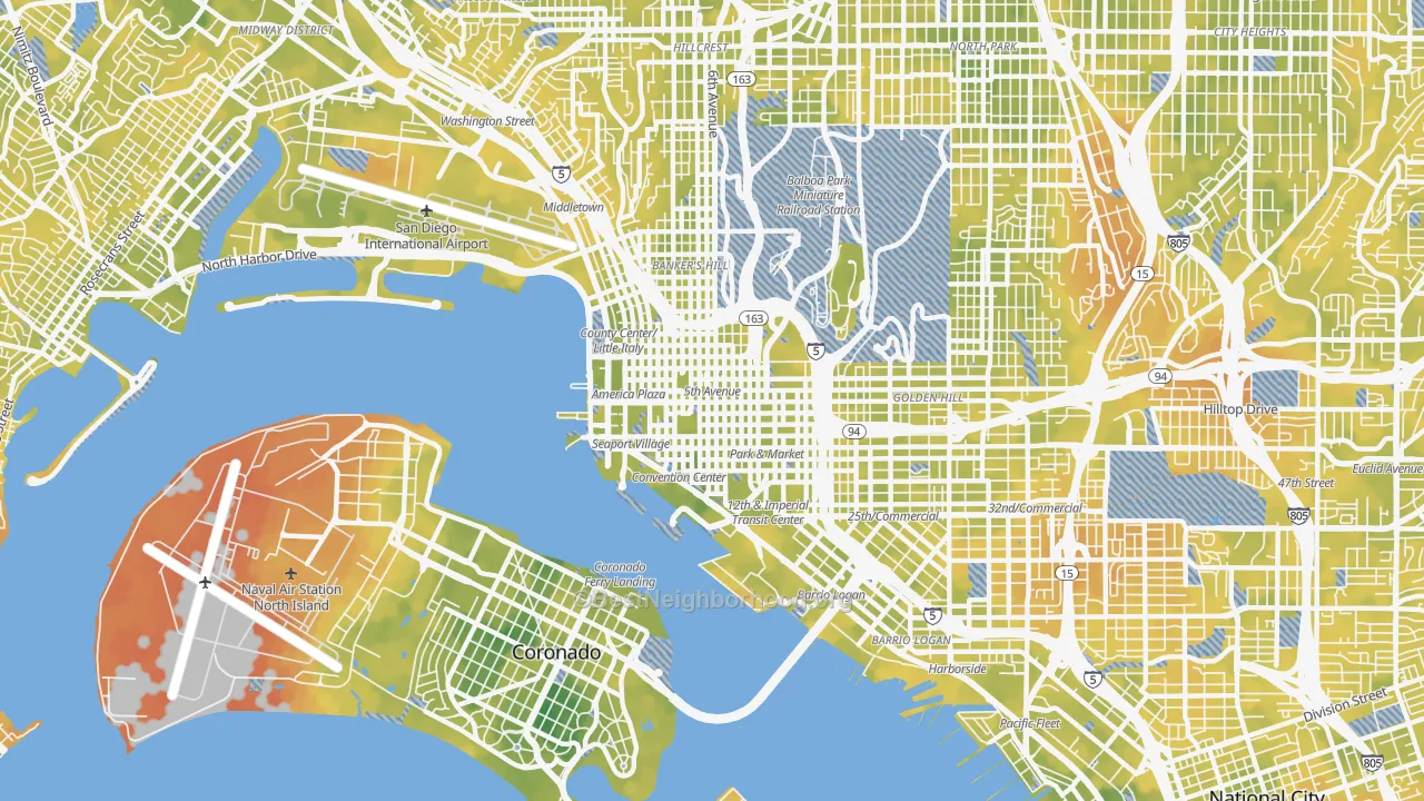 Bike Grade map of 92101, CA