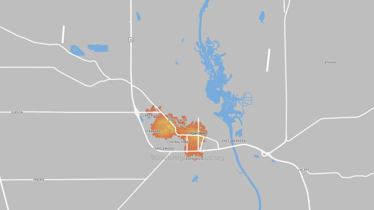 Bike Grade map of Aberdeen, MS
