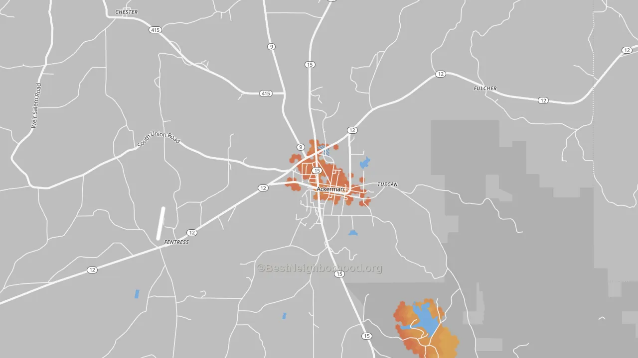 Bike Grade map of Ackerman, MS