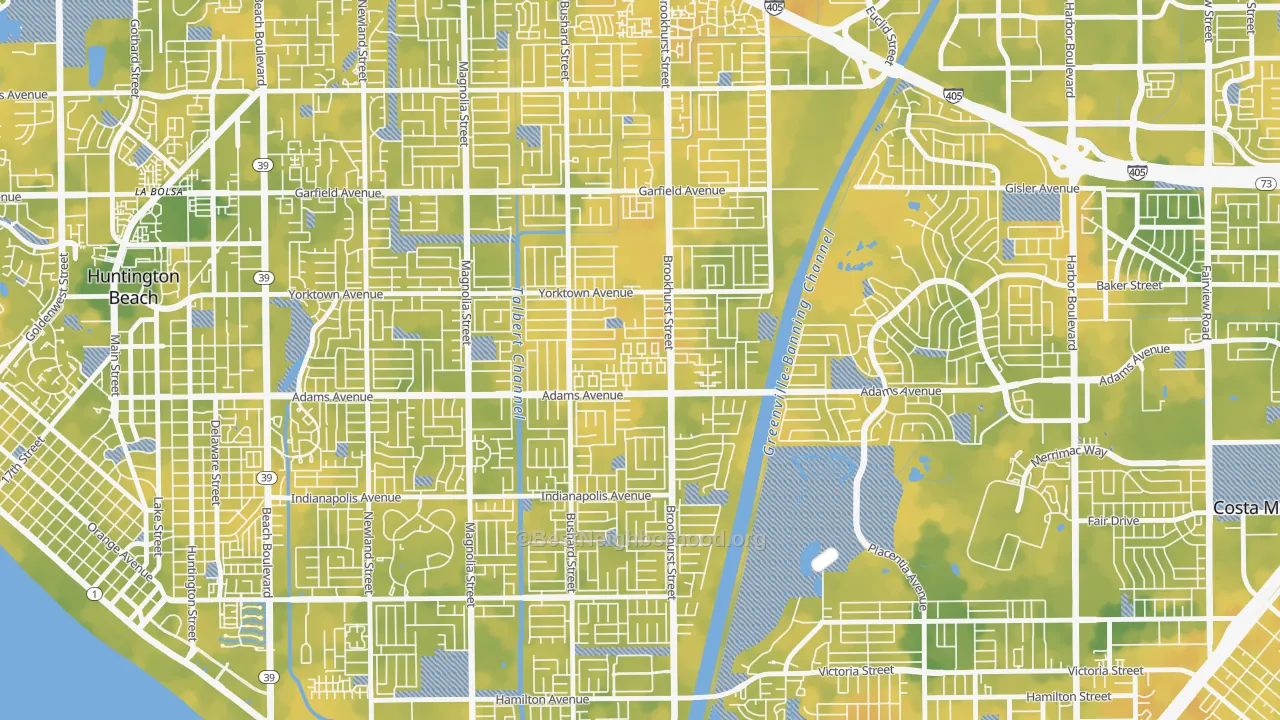 Bike Grade map of Adams, Huntington Beach, CA