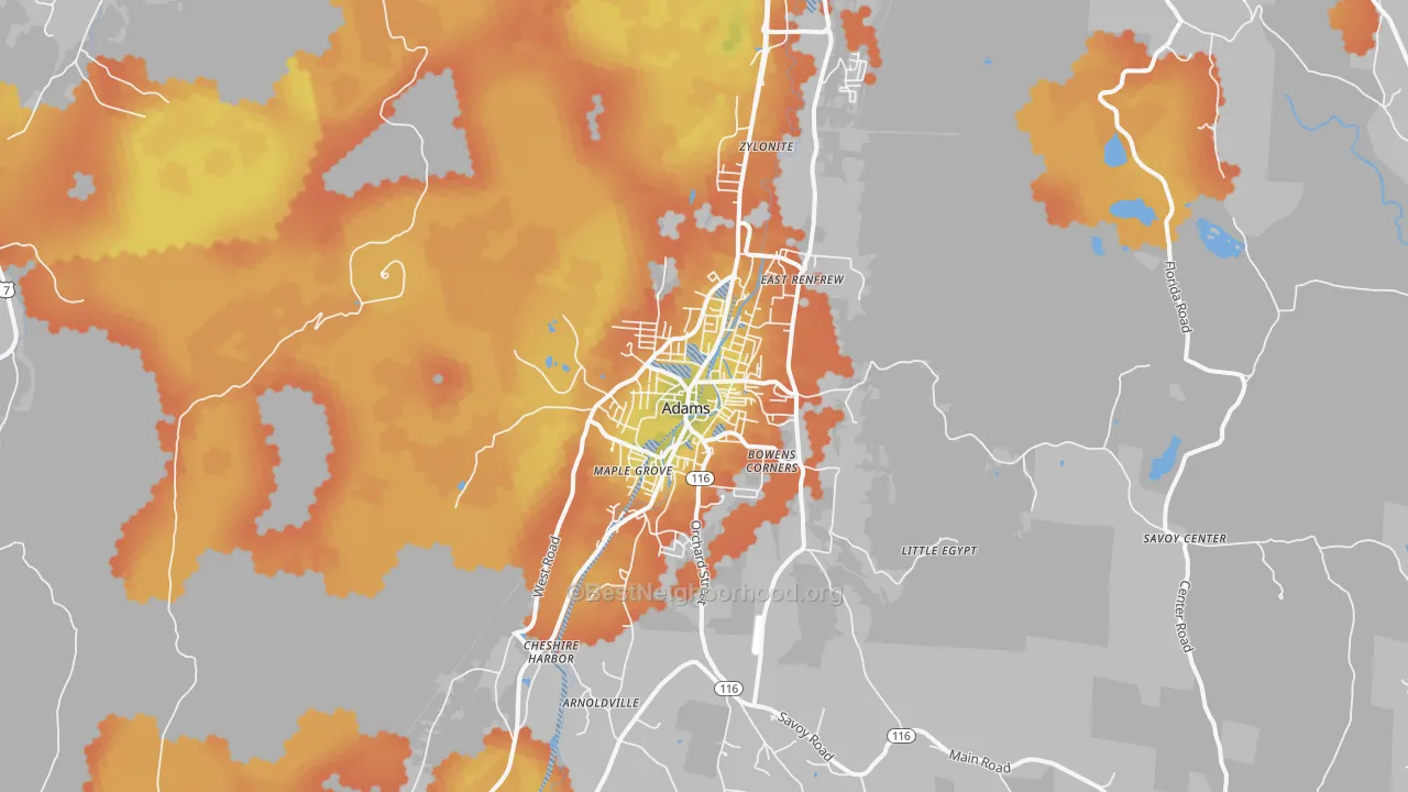 Bike Grade map of Adams, MA