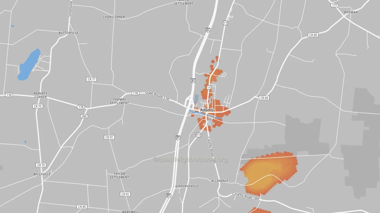 Bike Grade map of Adams, NY