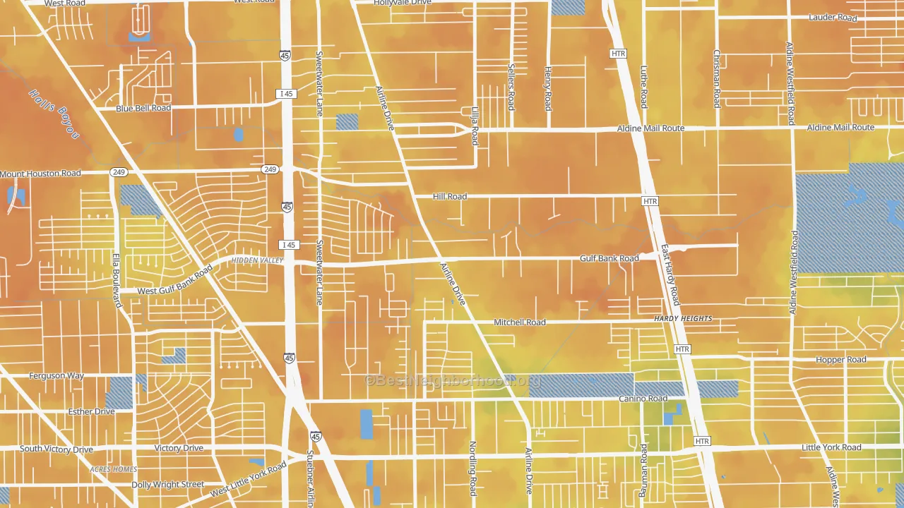 Bike Grade map of Airline, Houston, TX