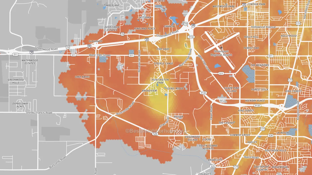 Bike Grade map of Airport-Pines Road, Shreveport, LA