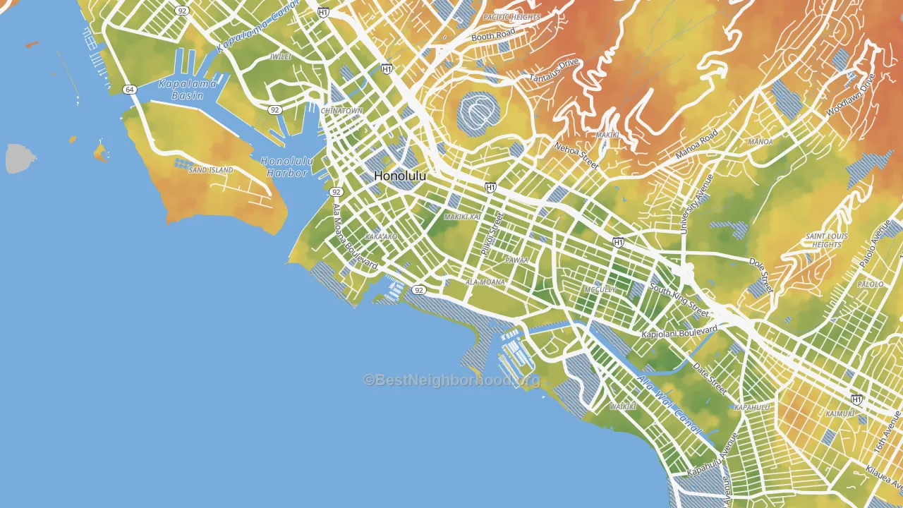 Bike Grade map of Ala Moana-Kakaako, Honolulu, HI