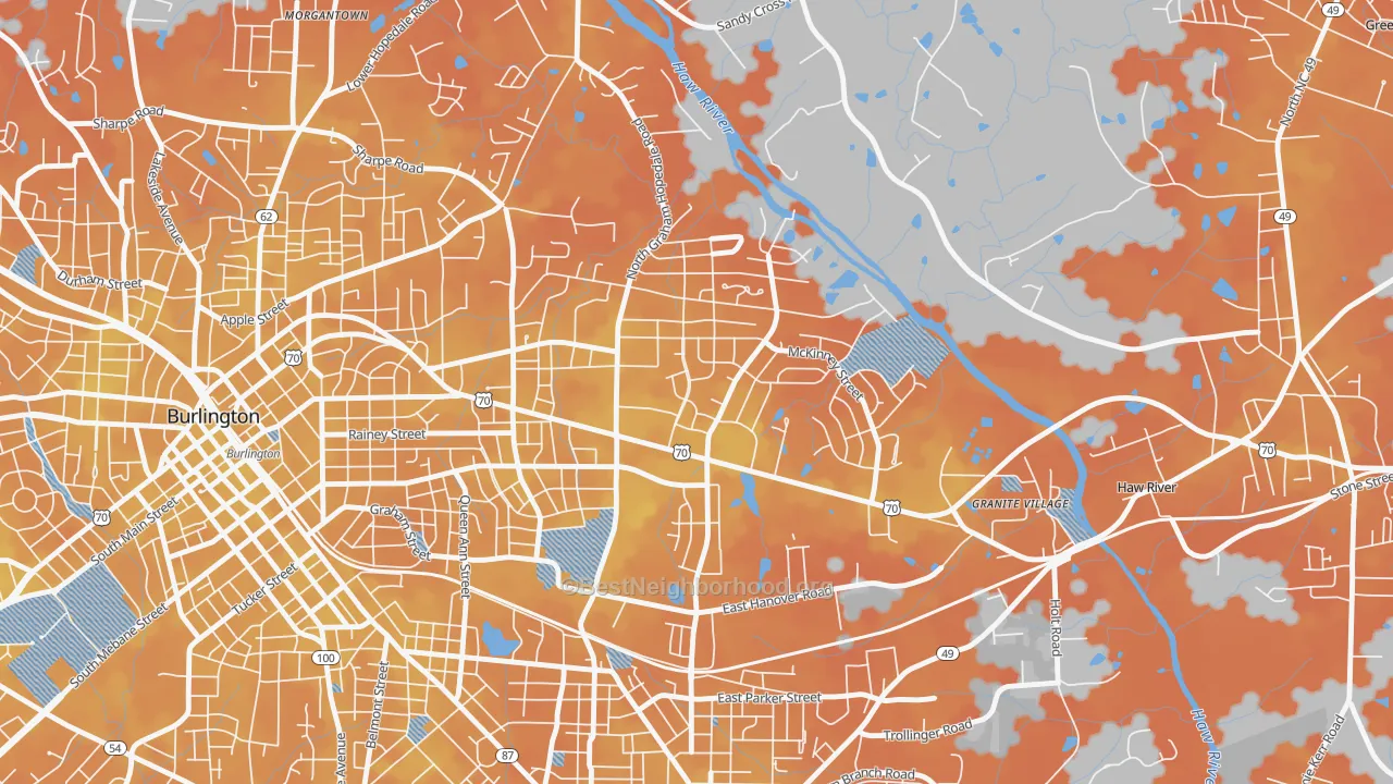 Bike Grade map of Alamance Hills, Burlington, NC