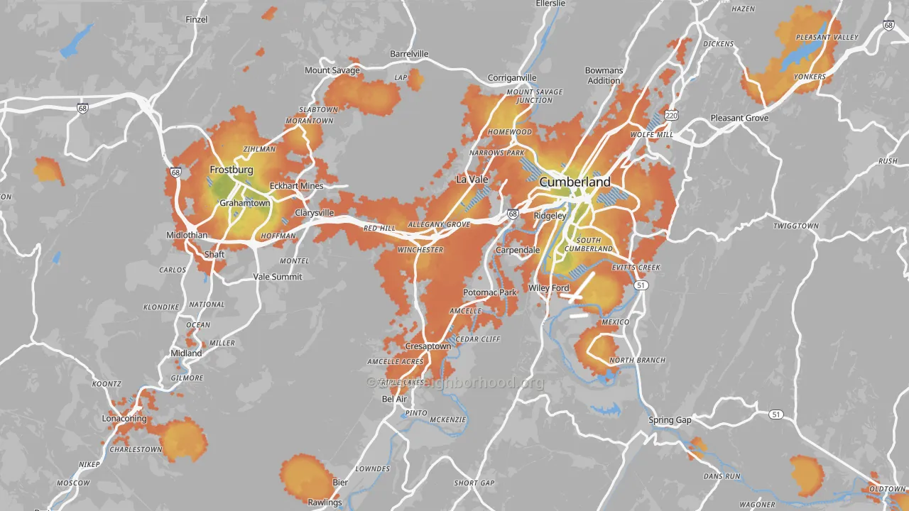 Bike Grade map of Allegany County, MD