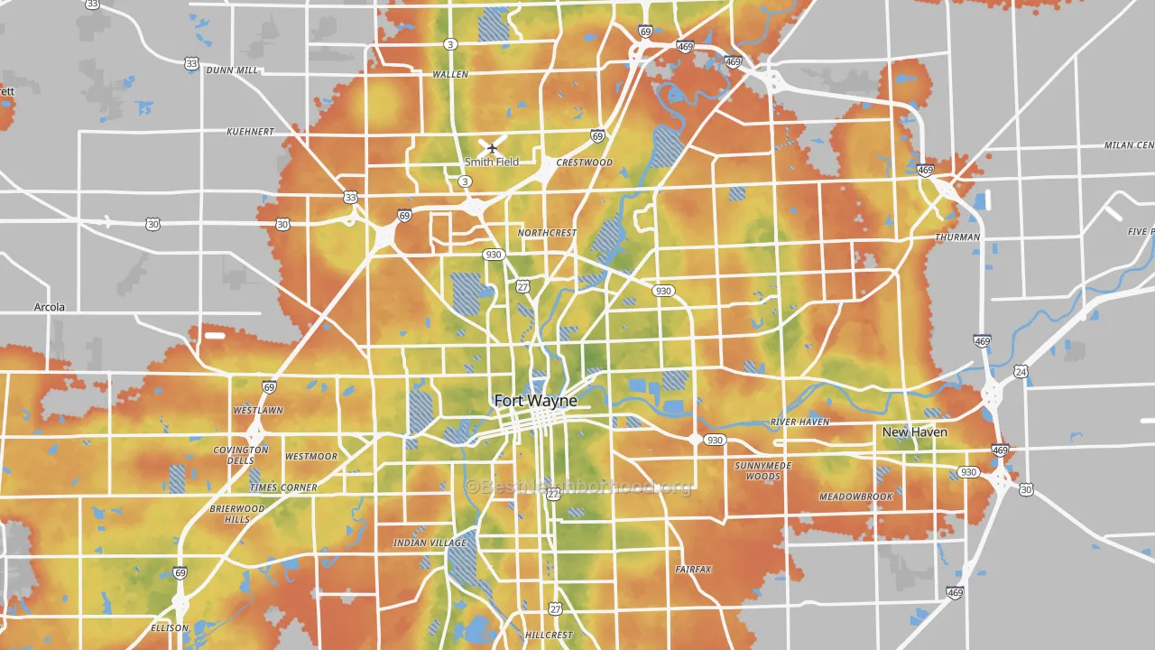 Bike Grade map of Allen County, IN