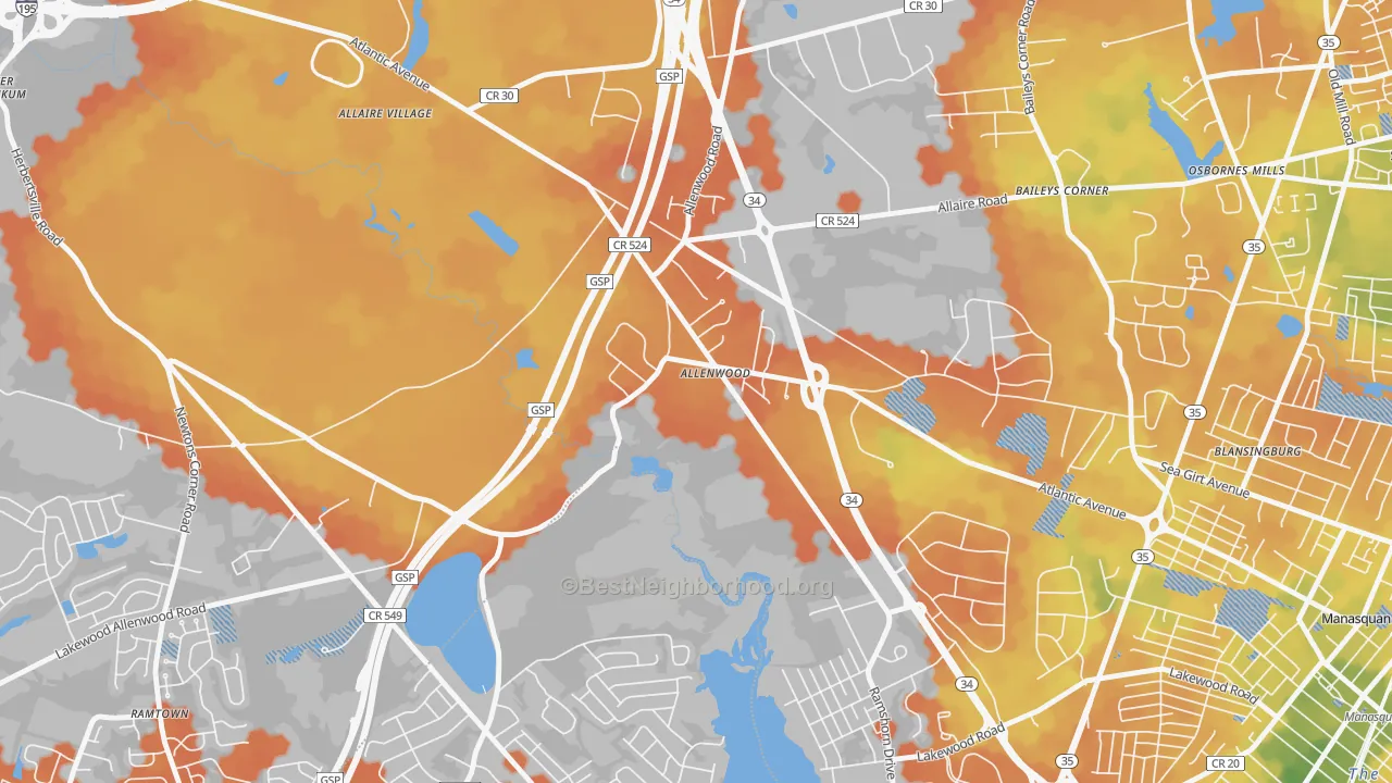 Bike Grade map of Allenwood, NJ