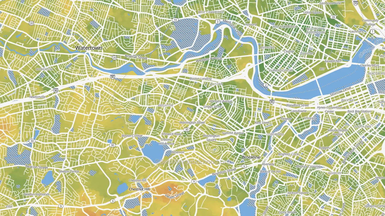 Bike Grade map of Allston-Brighton, Brighton, MA