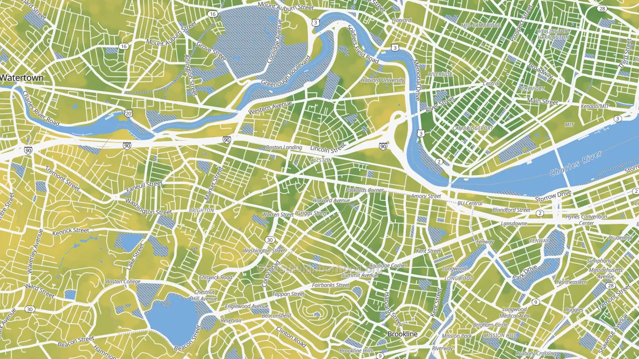 Bike Grade map of Allston, MA