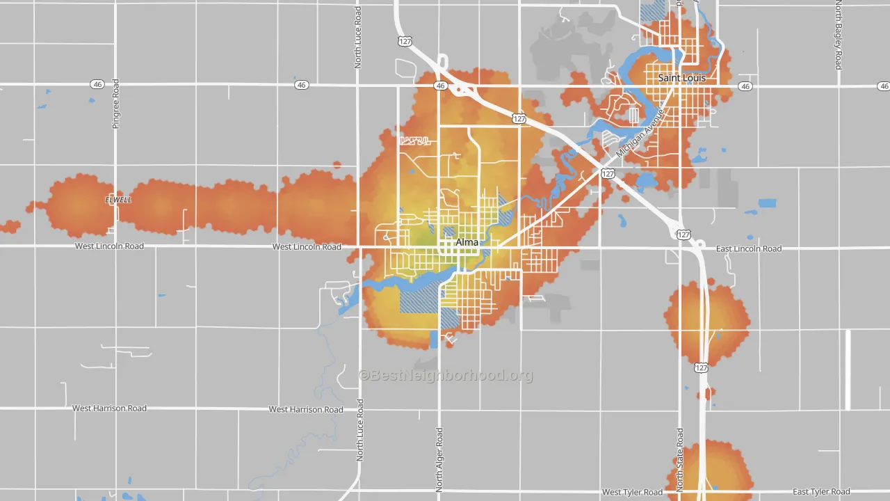 Bike Grade map of Alma, MI
