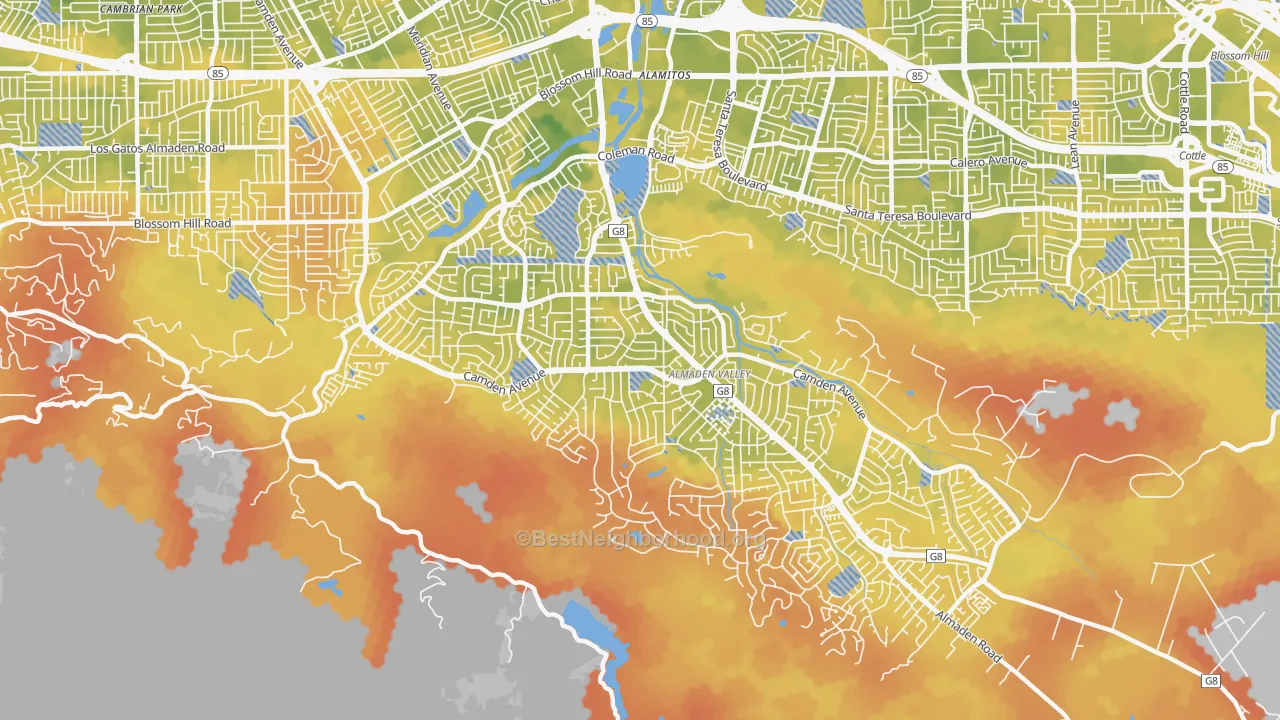 Bike Grade map of Almaden Valley, San Jose, CA