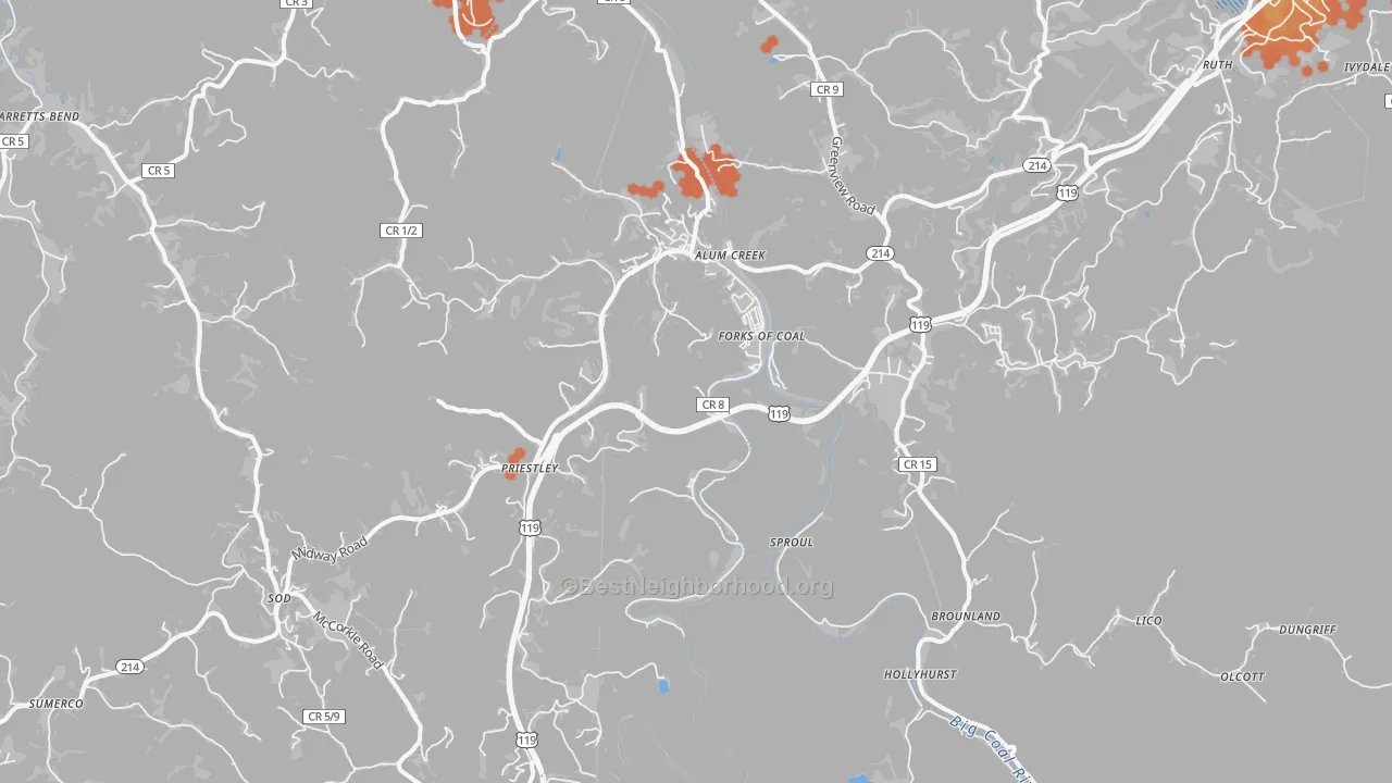 Bike Grade map of Alum Creek, WV