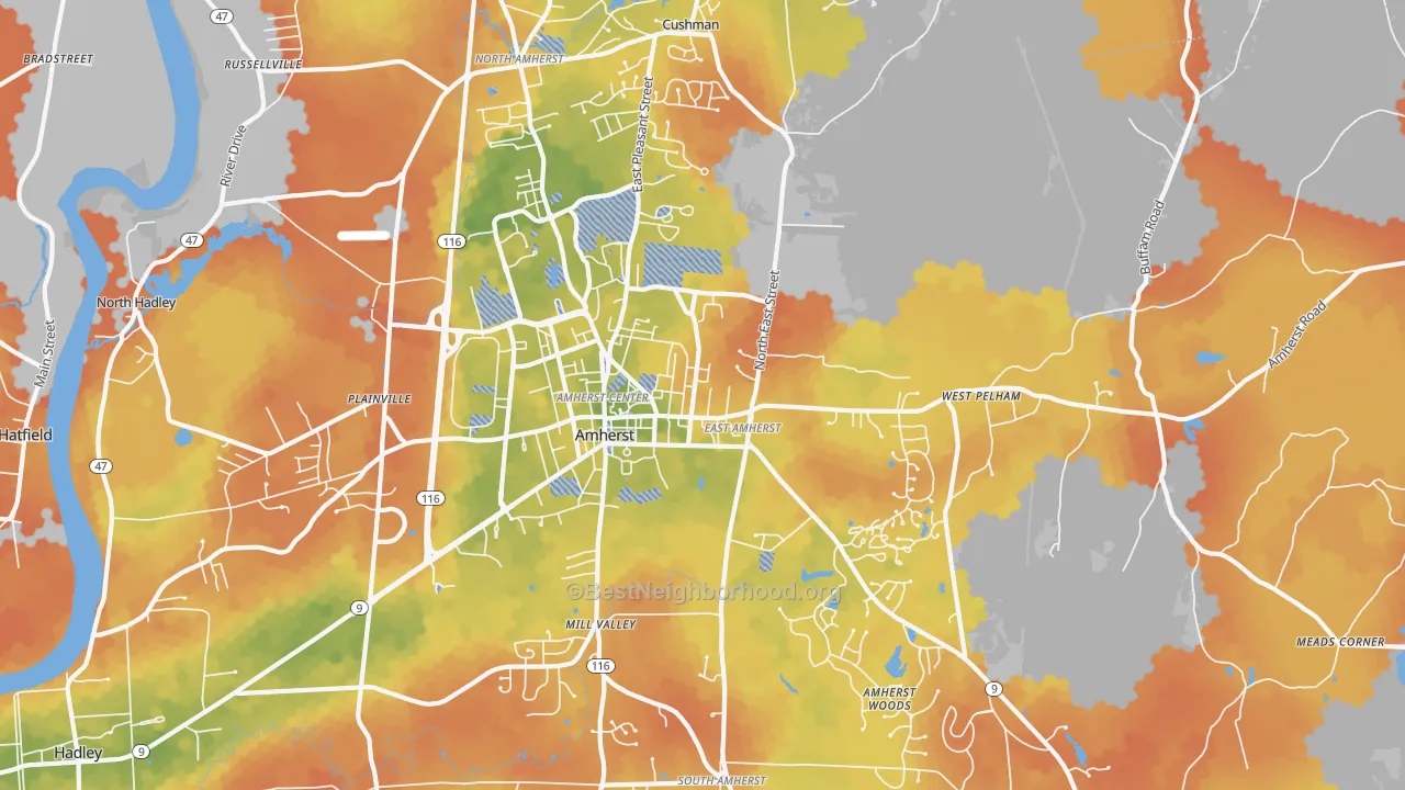 Bike Grade map of Amherst, MA
