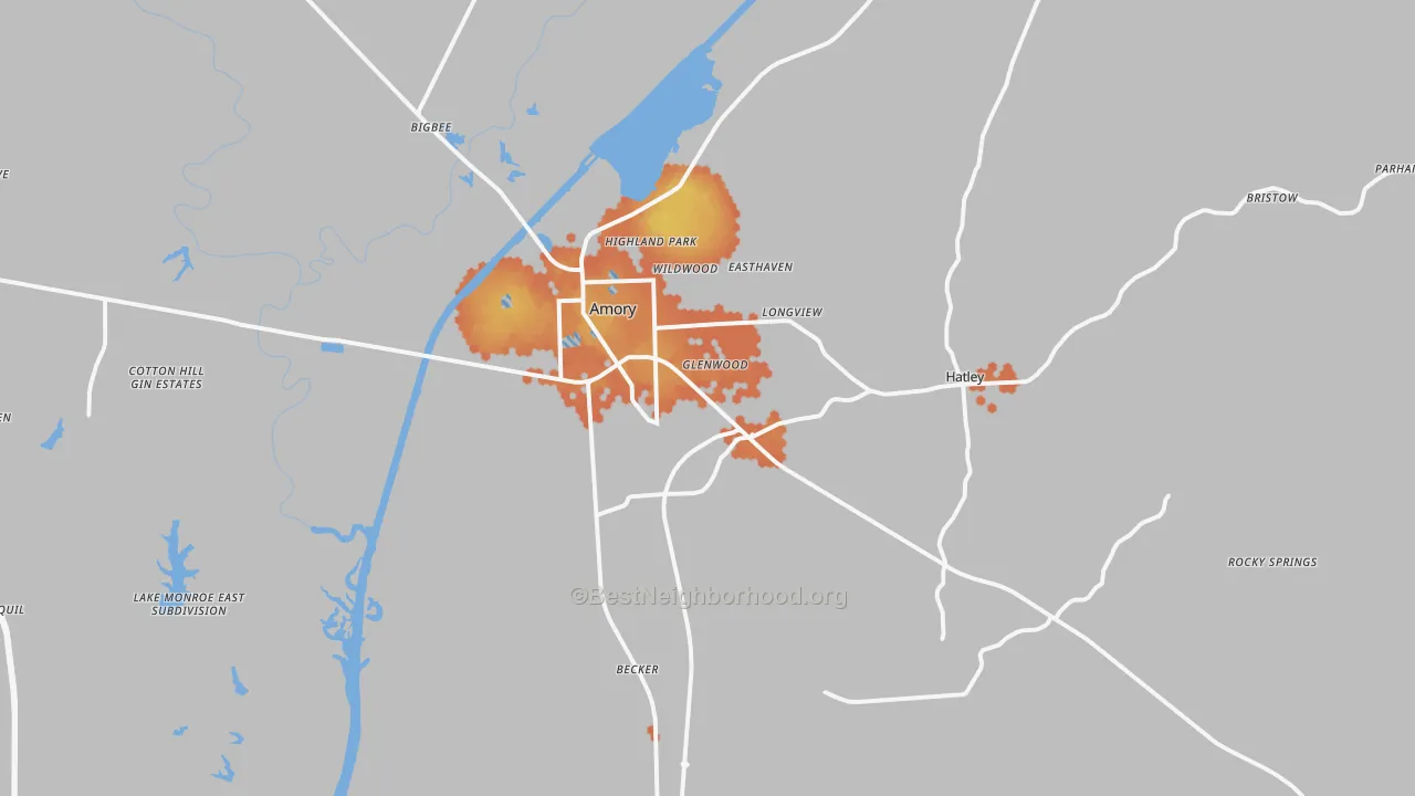 Bike Grade map of Amory, MS