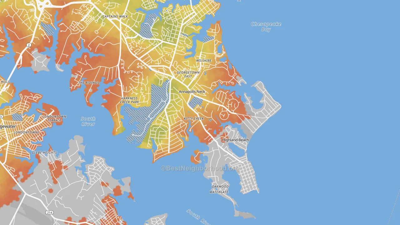 Bike Grade map of Annapolis Neck, MD