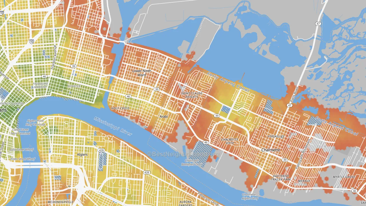 Bike Grade map of Arabi, LA